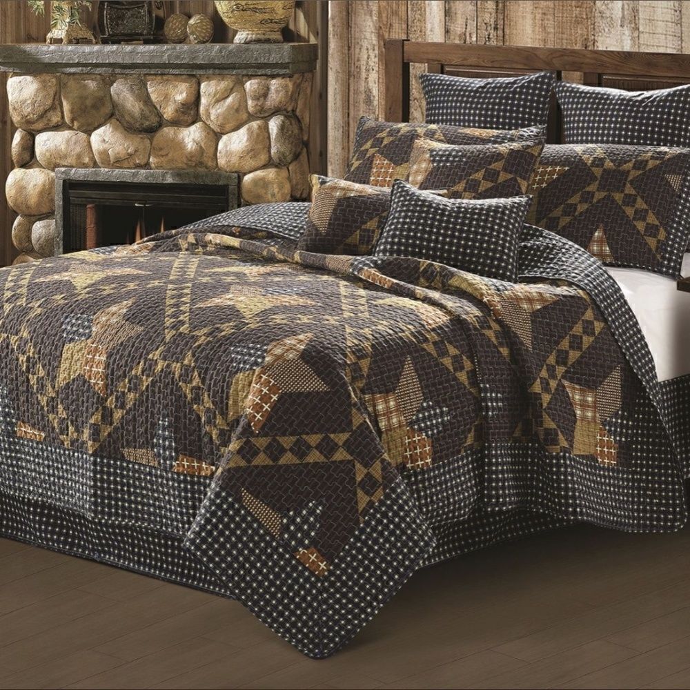 Primitive Star Farmhouse Black Brown Printed King Size Quilt Set Country Cottage